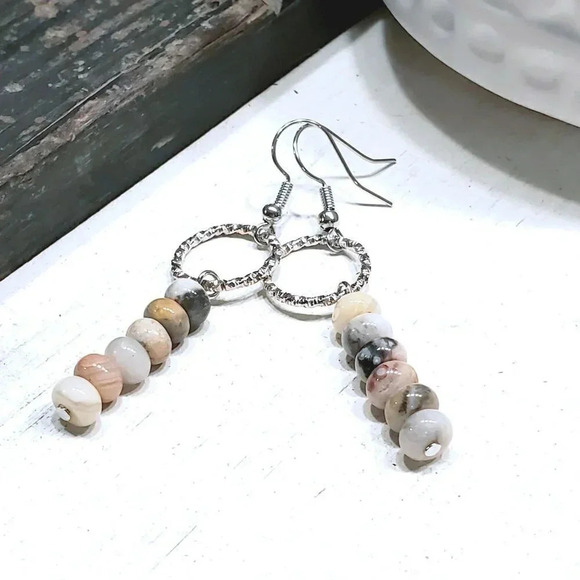 Agate Gemstone Rondelle Beads Textured Silver Ring Handcrafted Earrings - Picture 8 of 11